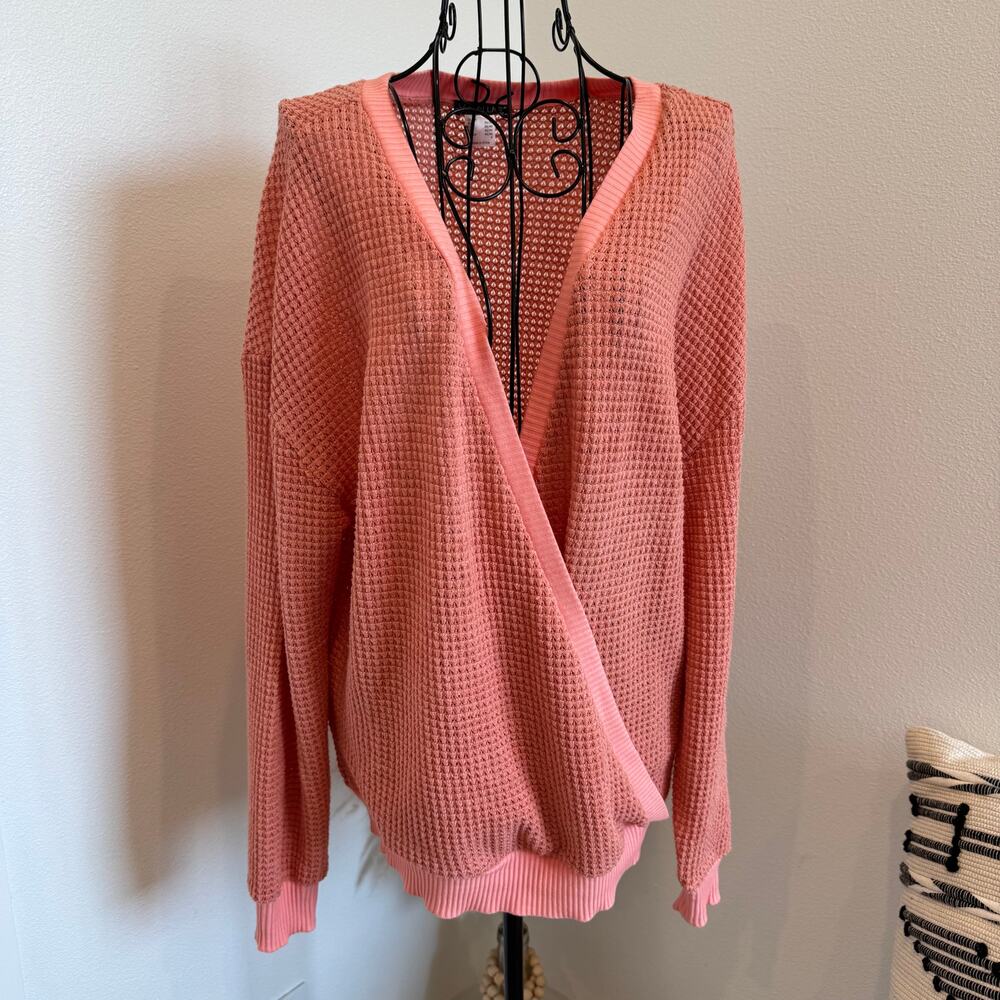 Venus Waffle Knit Long Sleeve Pullover Wrap Front Top Peach Small-Loungewear